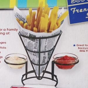 50's Diner Black Metal French Fry Holder with Glass Dipping Bowls